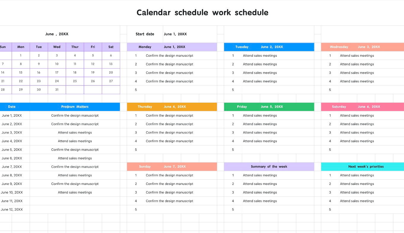 Calendar schedule work schedule